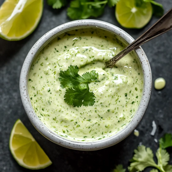 A bowl of dip with a green herb on top.