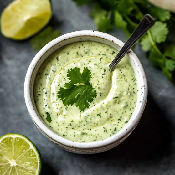 A bowl of soup with a green herb on top.