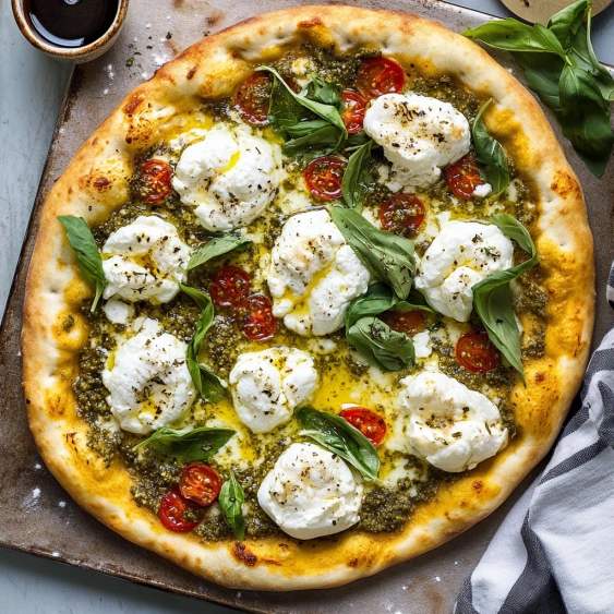 A pizza with tomatoes and cheese.