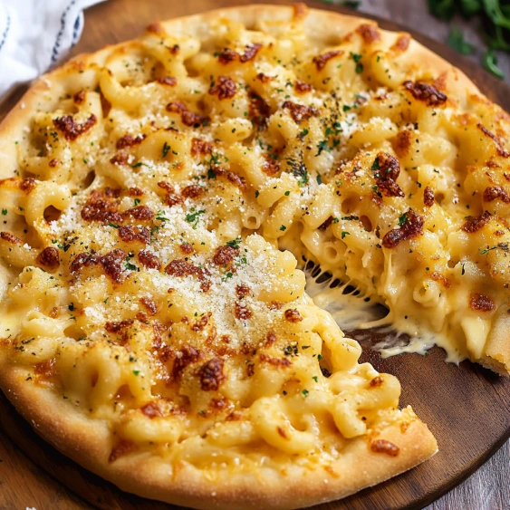 A slice of macaroni and cheese on a wooden board.