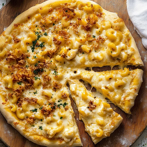 A slice of macaroni and cheese pizza.