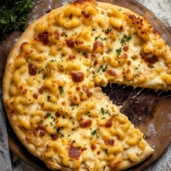 A slice of macaroni and cheese on a wooden cutting board.