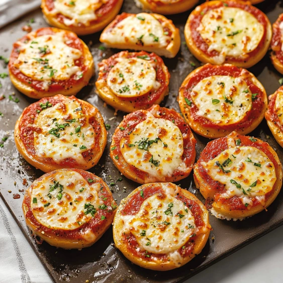 A tray of mini pizzas with cheese and tomato sauce.