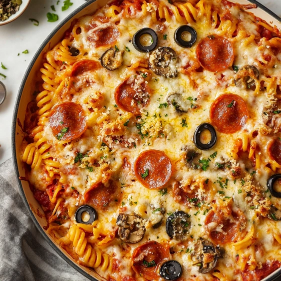 A pizza with pepperoni, mushrooms, olives, and cheese.