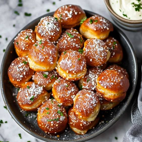 A bowl of bread with powdered sugar on top.