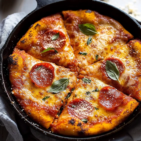 A pizza in a skillet with pepperoni and basil.