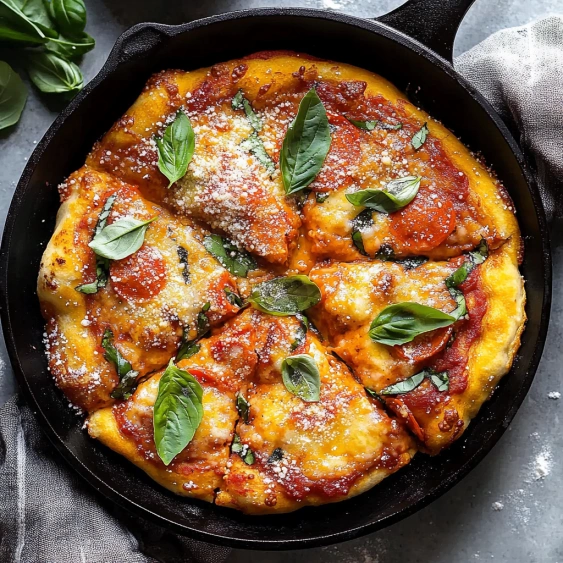 A pizza with cheese and spinach in a black pan.
