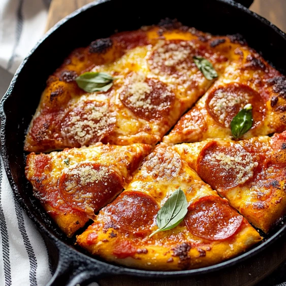 A pizza with pepperoni and basil in a black pan.