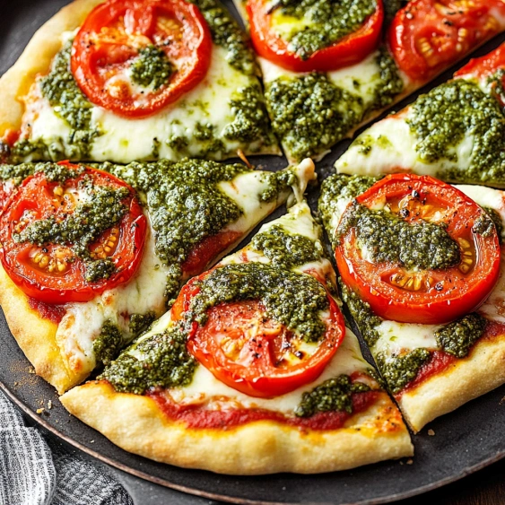 A pizza with tomatoes and spinach on it.