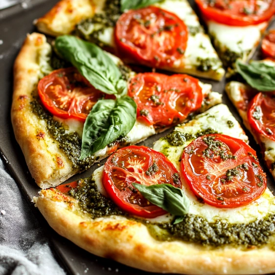 A pizza with tomatoes and basil on top.