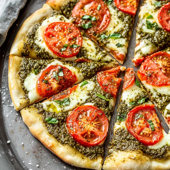 A pizza with tomatoes and basil on it.