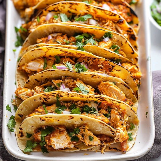 A tray of chicken tacos.