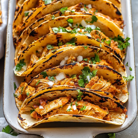 A pan of tacos with meat and onions.