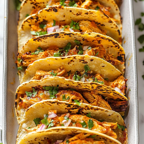 A pan of tacos with meat and onions.