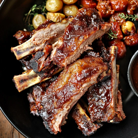 A plate of BBQ ribs and potatoes.