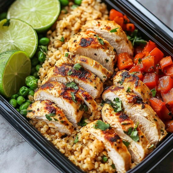 A meal of rice, chicken, carrots, and peas.