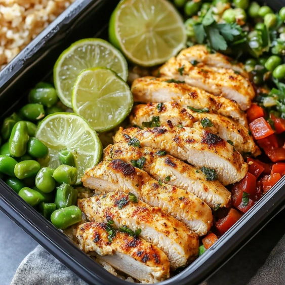 A meal of chicken, limes, peas, and carrots.