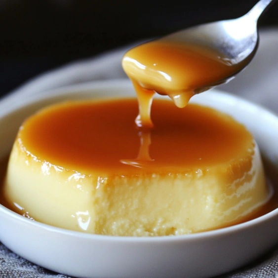 A spoon is pouring sauce over a dessert.