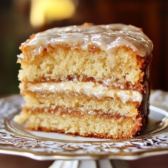 A slice of cake on a plate.
