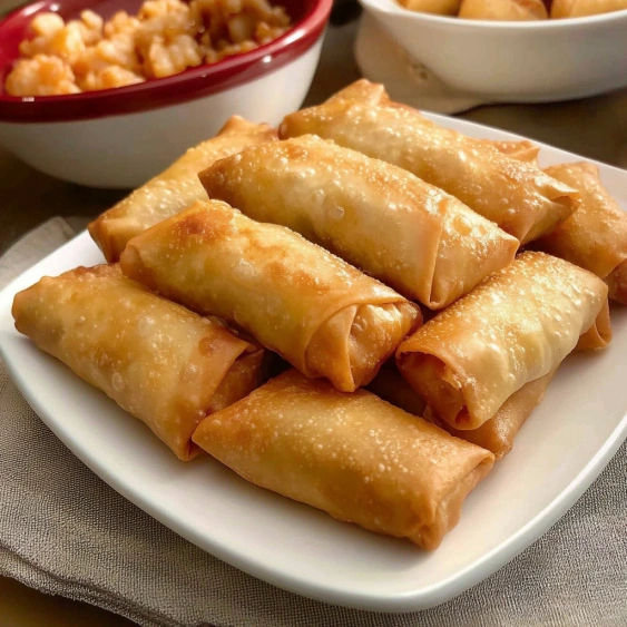 A plate of food with a bowl of rice and a plate of spring rolls.