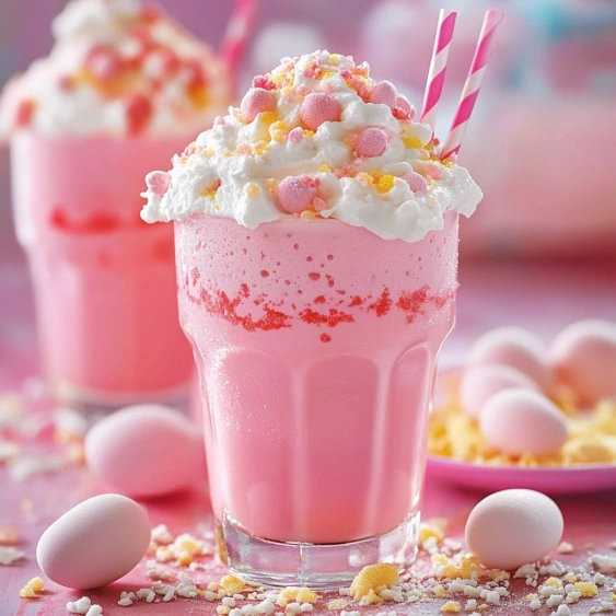 A glass of pink milk with a straw.