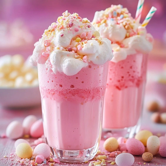 Two glasses of pink milkshake with sprinkles.
