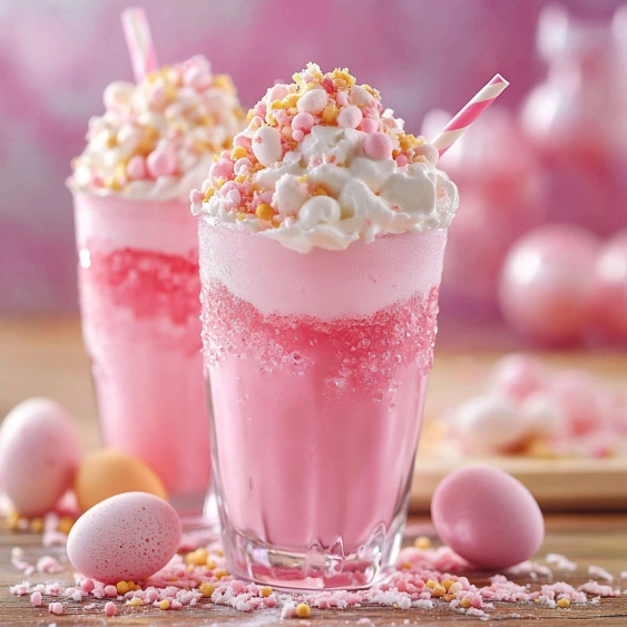 Two glasses of pink milkshakes with sprinkles.