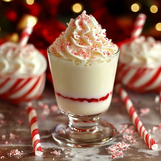 A glass of white cream with red stripes.