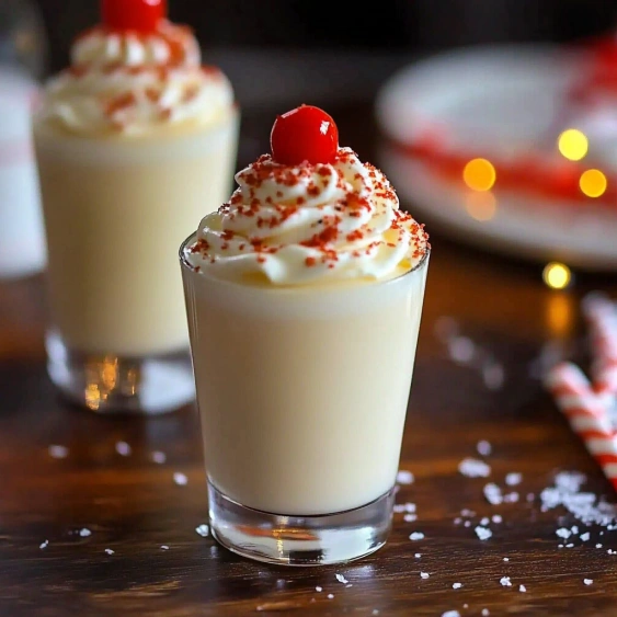Two glasses of whipped cream with cherries on top.