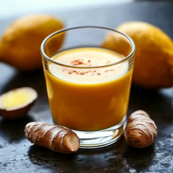 A glass of orange juice with lemon slices.
