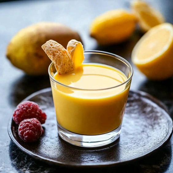A glass of orange juice with a slice of lemon on top.