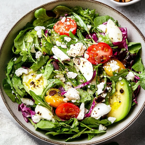 A bowl of salad with tomatoes, lettuce, and avocado.