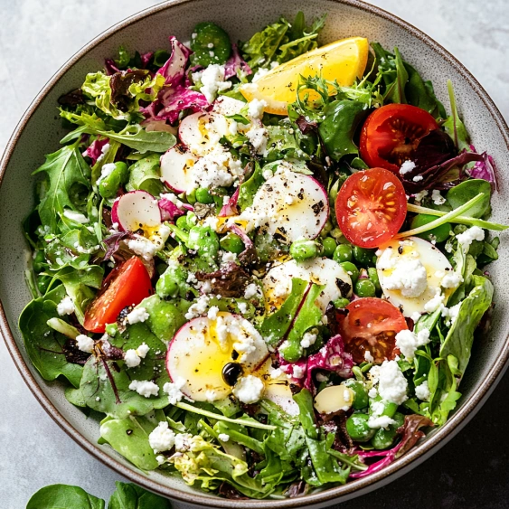 A bowl of salad with tomatoes, peas, and eggs.