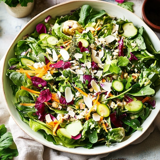 A bowl of salad with carrots, cucumbers, and other vegetables.