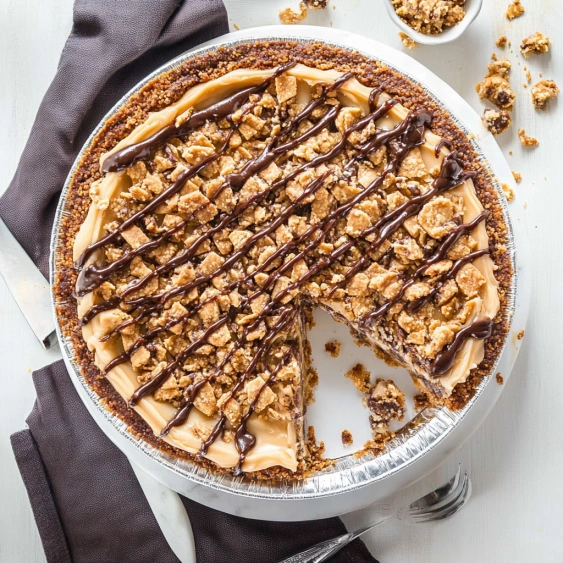 A slice of pie with chocolate and nuts.