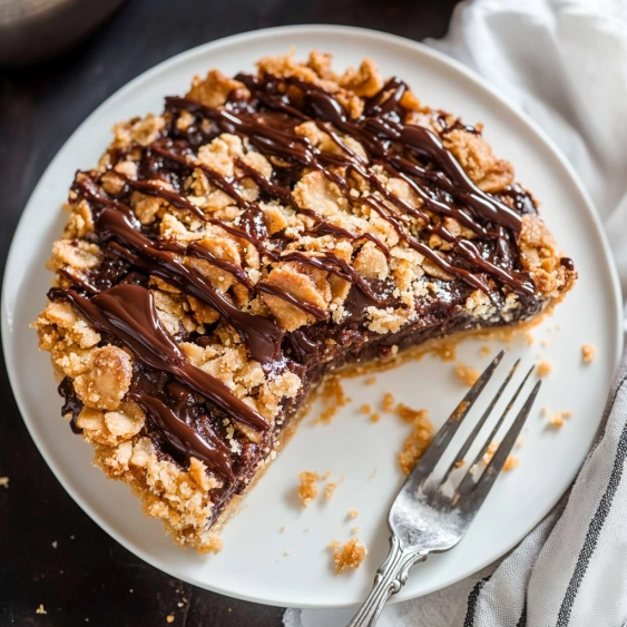 A slice of chocolate cake with chocolate drizzle.
