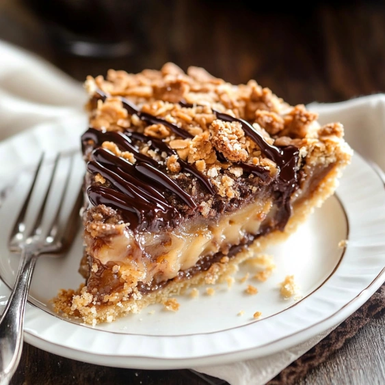 A slice of pie with chocolate and caramel toppings.