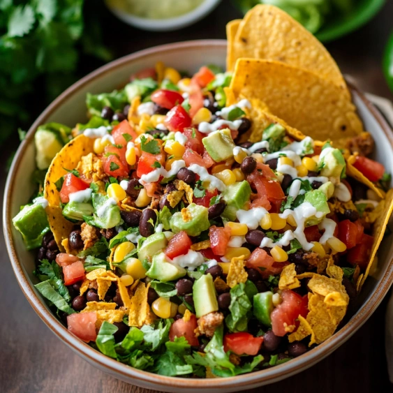 A bowl of food with a tortilla chip on top.