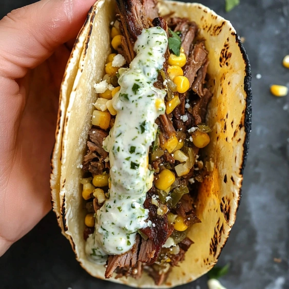 A hand holding a taco with meat and cheese.