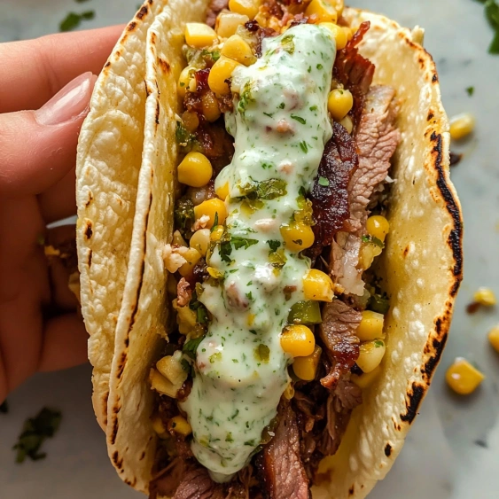 A person holding a taco with meat and cheese.