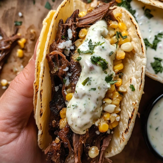 A person is holding a taco with meat and cheese.