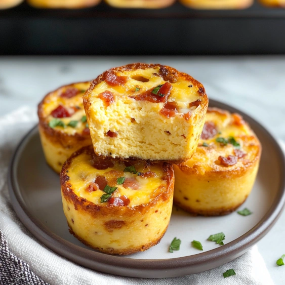 Three pieces of bacon and cheese muffins on a plate.