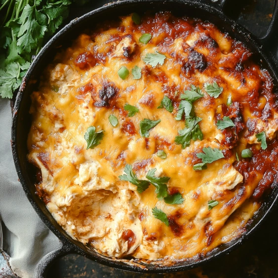 A black skillet with a delicious meal.
