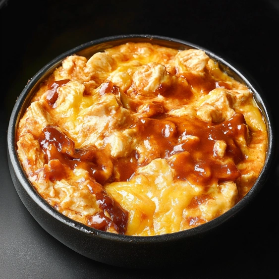 A bowl of food with a brown sauce.