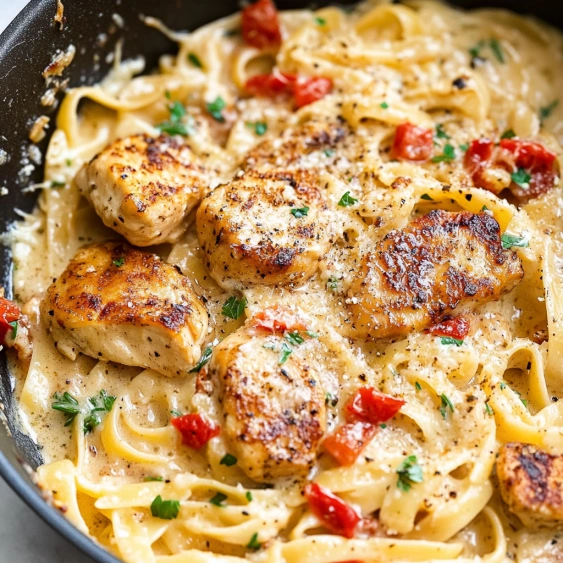 A bowl of pasta with chicken and tomatoes.