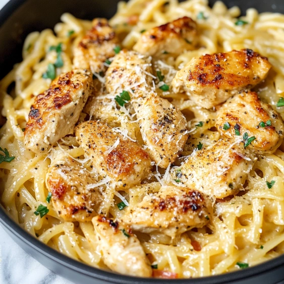 A bowl of pasta with chicken and cheese.