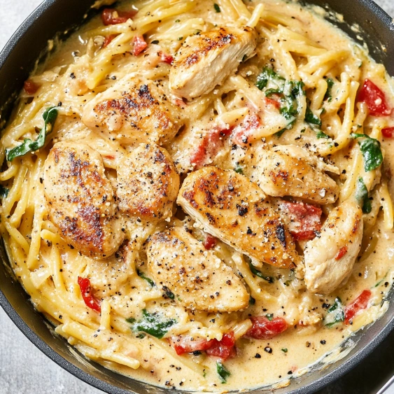 A bowl of food with chicken and pasta.