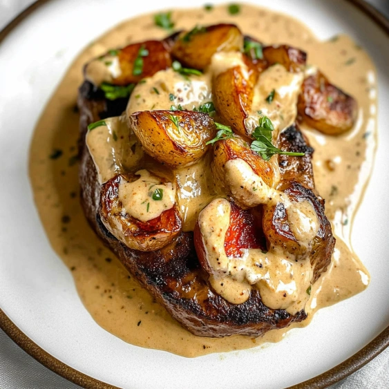 A plate of meat with gravy and potatoes.