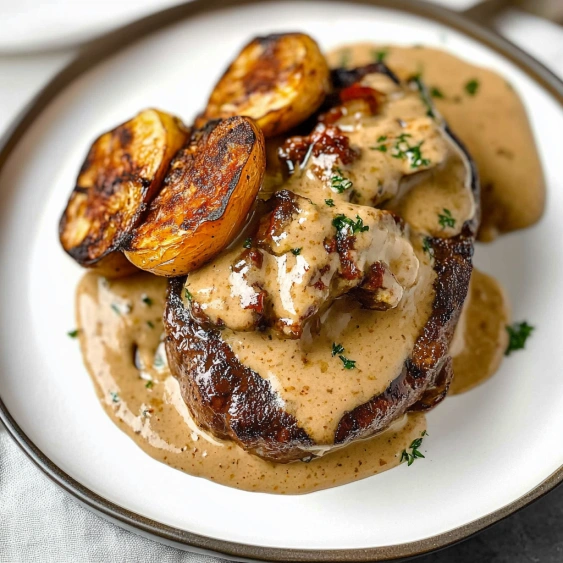 A plate of meat with gravy and potatoes.