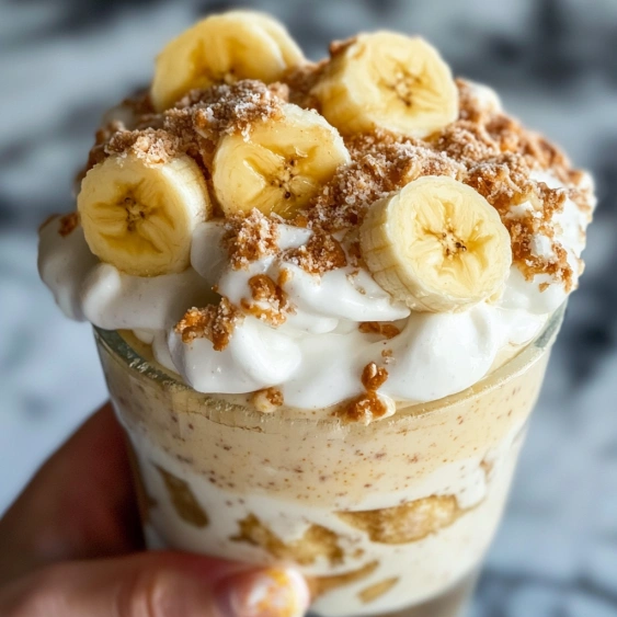 A person holding a glass of banana cream.
